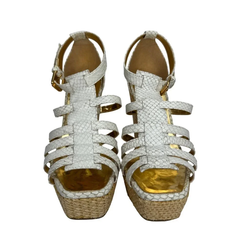 Sergio Zelcer White Snake Wedge‎ Sandals Size 6 Womens Open Toe Raffia Platform